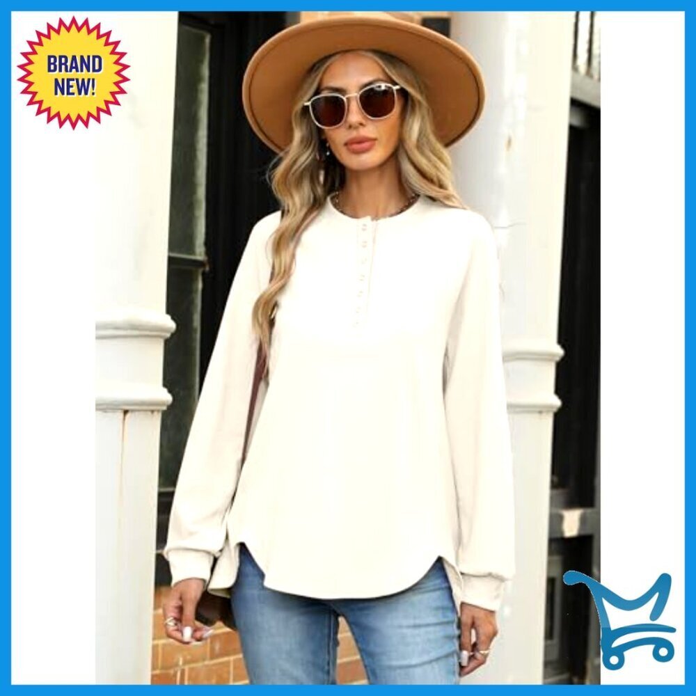 Long Sleeve Henley Tunic Sweatshirt Loose Fit Polyester Pullover Casual Top - Picture 2 of 7
